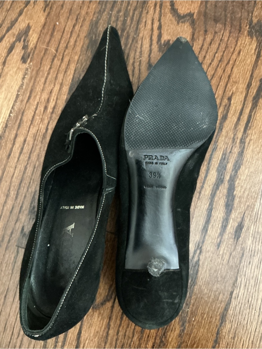 Prada Black Suede Pointed Toe Heels with Decorative Buckle - Picture 3 of 5